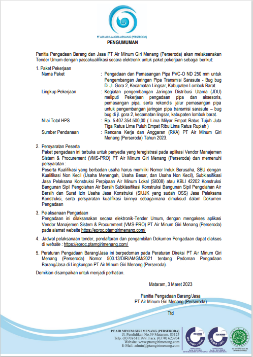 PENGUMUMAN PANITIA PENGADAAN BARANG DAN JASA PT AIR MINUM GIRI MENANG (PERSERODA)