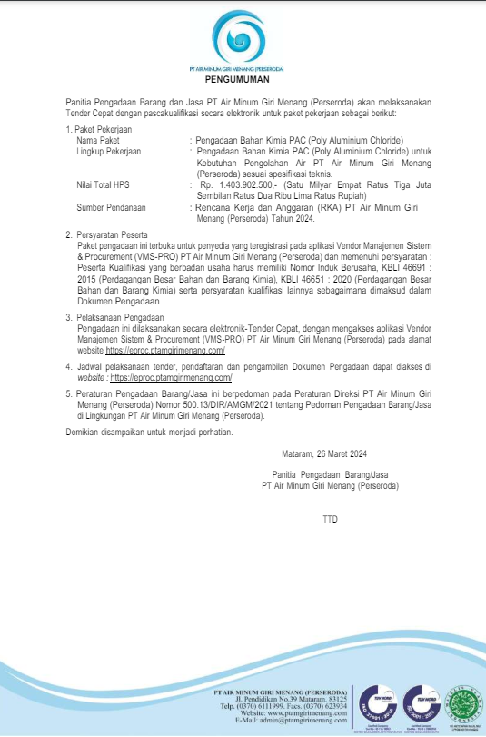 PENGUMUMAN PANITIA PENGADAAN BARANG DAN JASA PT AIR MINUM GIRI MENANG (PERSERODA)