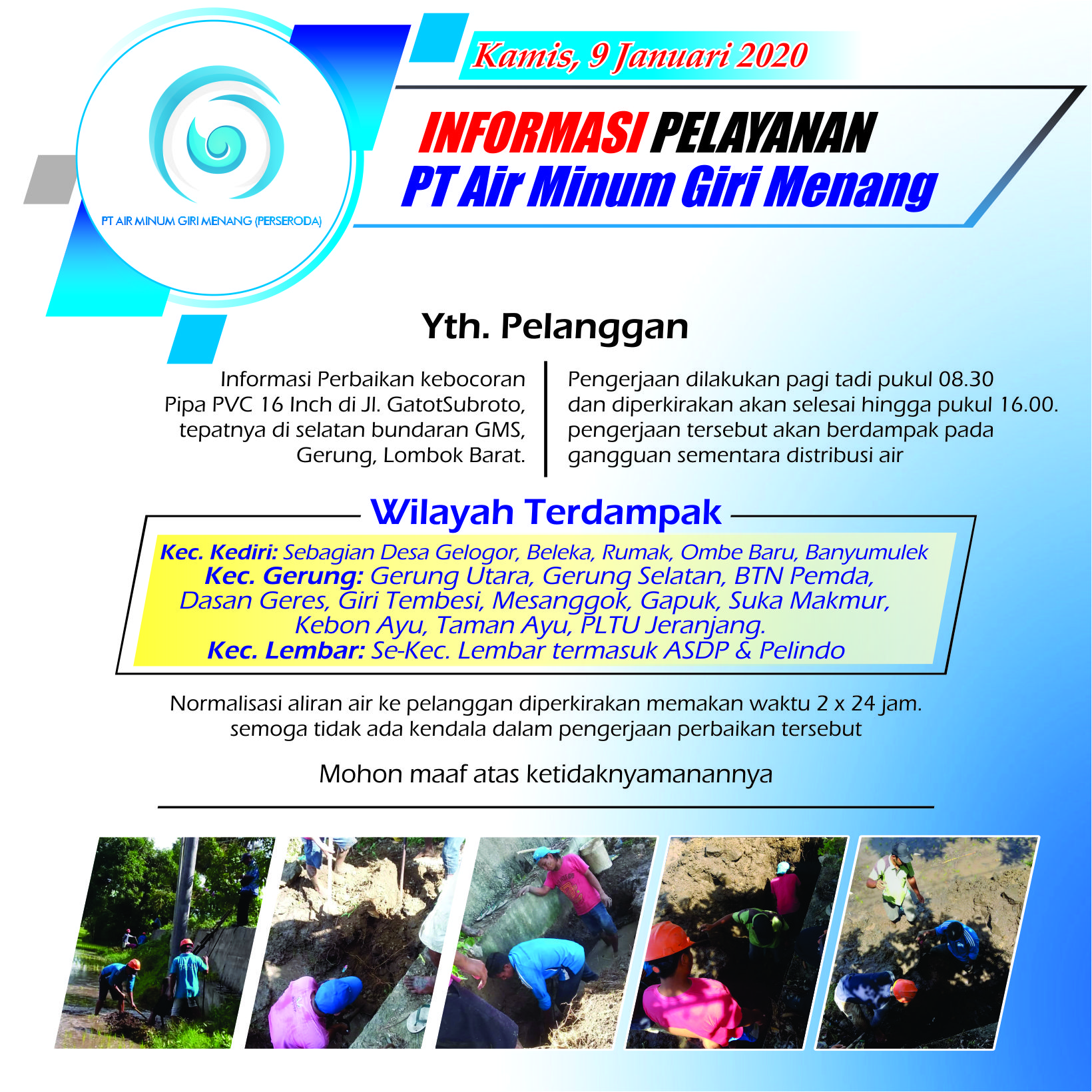 Informasi Perbaikan Kebocoran Pipa PVC 16 inch di Jl. Gatot Subroto 