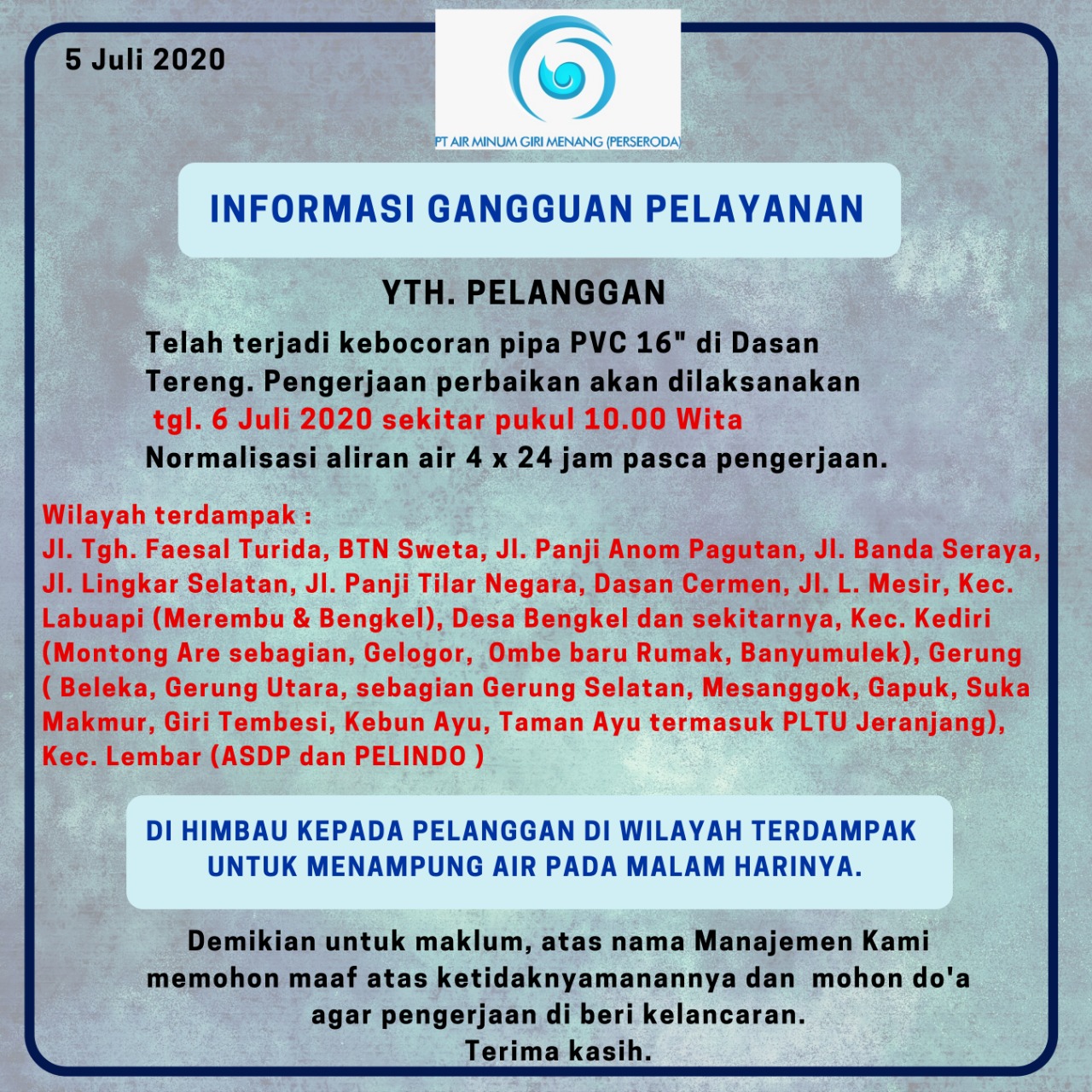 Informasi Gangguan Pelayanan PT Air Minum Giri Menang (Perseroda)