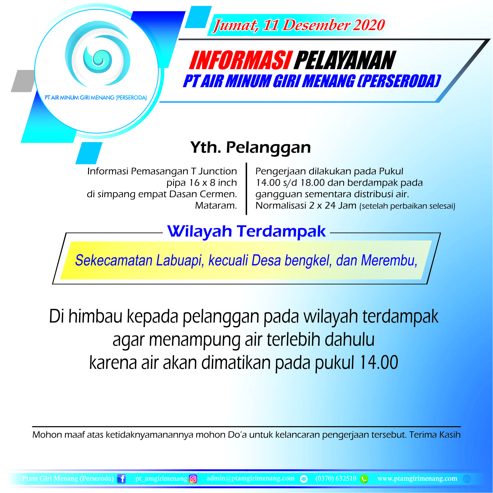 Informasi Gangguan Pelayanan PT Air Minum Giri Menang