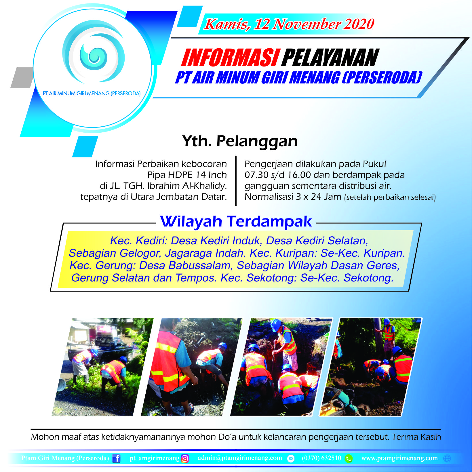 Informasi Gangguan Pelayanan PT Air Minum Giri Menang