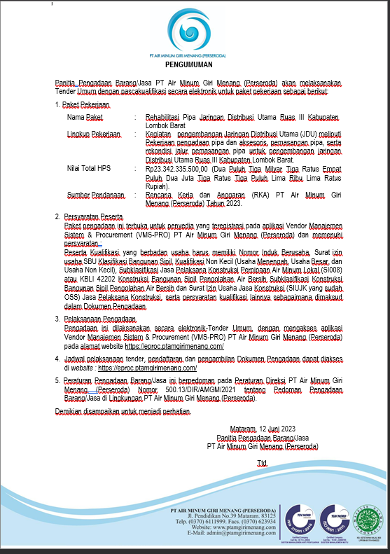 PENGUMUMAN PANITIA PENGADAAN BARANG DAN JASA REHABILItASI PIPA JARINGAN DISTRIBUSI UTAMA  RUAS III KABUPATEN LOMBOK BARAT