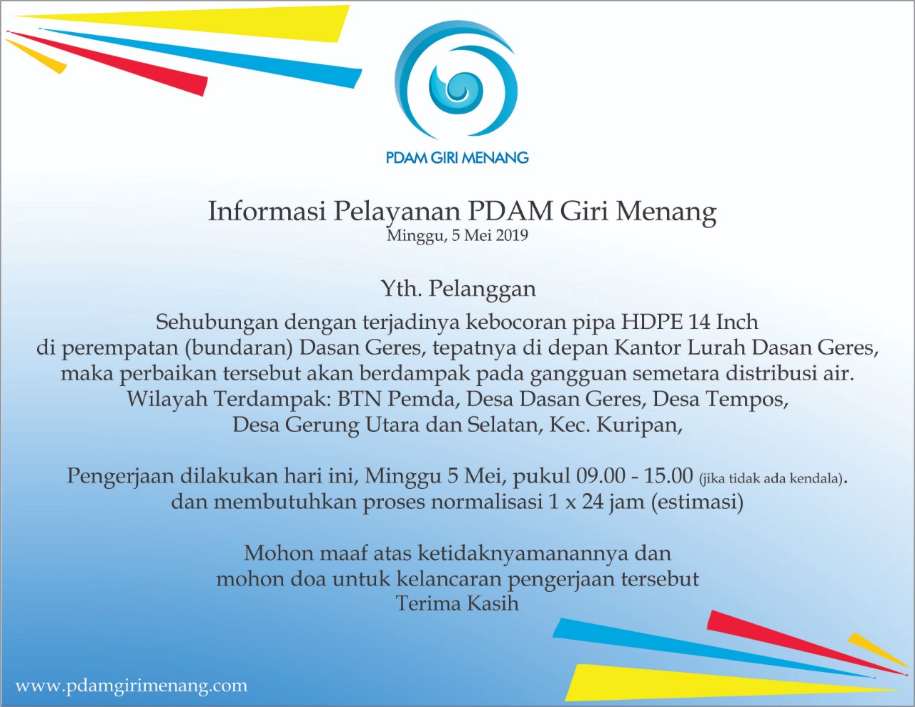 Informasi Pelayanan PDAM Giri Menang