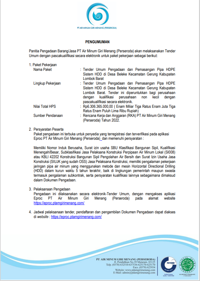 Pengumuman Tender Pengadaan dan Pemasangan Pipa dengan Sistem HDD di Desa Beleka