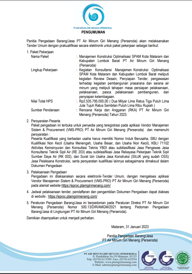Pengumuman Pelaksanaan Pengadaan Barang dan Jasa PT Air Minum Giri Menang (Perseroda)