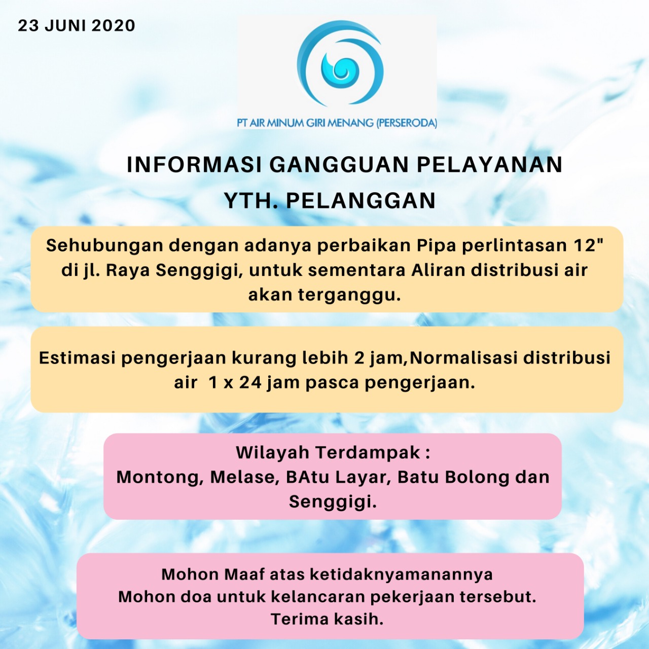 Informasi Pelayanan Distribusi Air PT Air Minum Giri Menang (Perseroda)