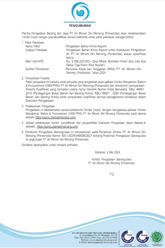 Pengumuman Panitia Pengadaan Barang dan jasa : Pengadaan Bahan Kimia Kaporit