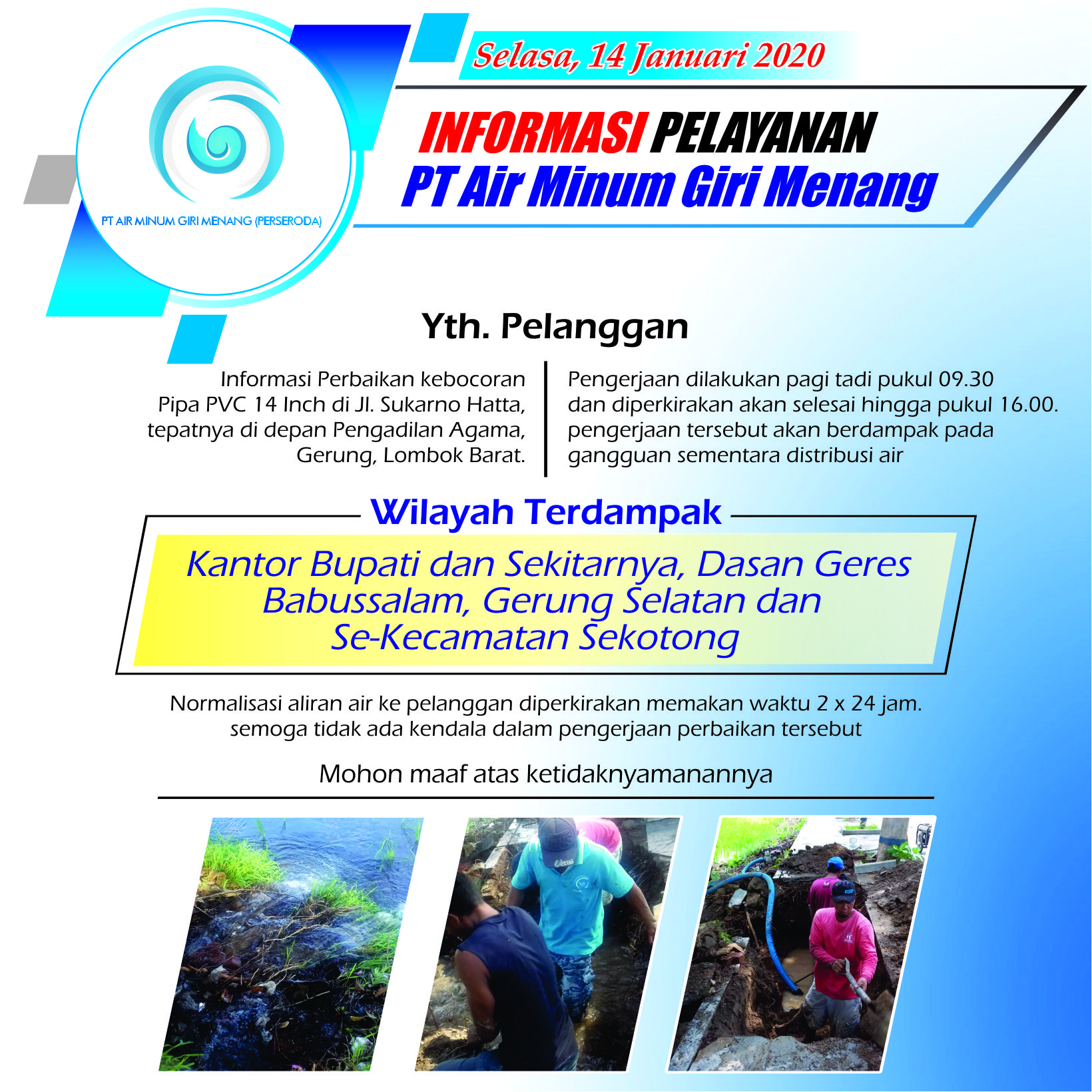 Informasi Perbaikan Kebocoran Pipa PVC 14 Inch di Jl. Sukarno Hatta 