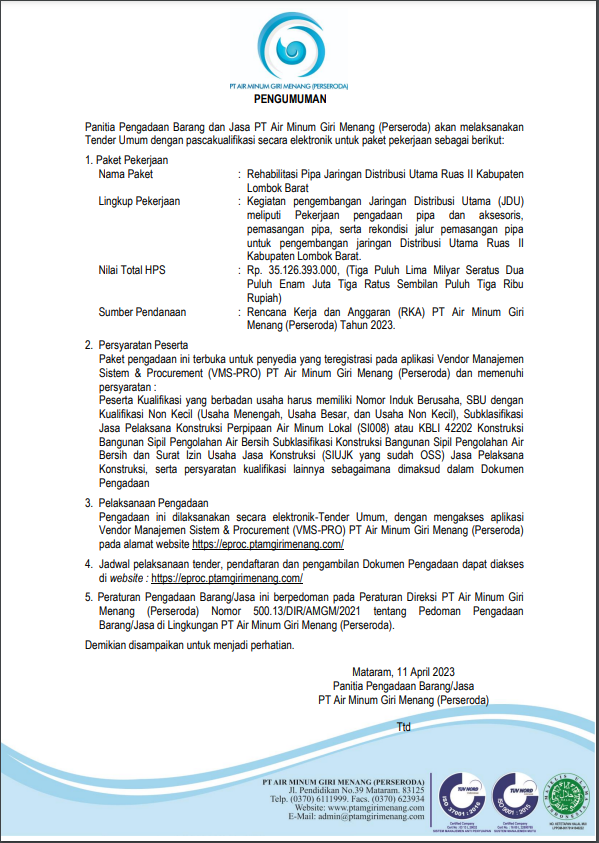 PENGUMUMAN PANITIA PENGADAAN BARANG DAN JASA PT AIR MINUM GIRI MENANG (PERSERODA) RUAS II