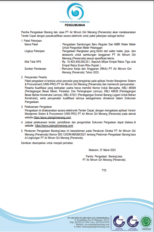 PENGUMUMAN PANITIA PENGADAAN BARANG DAN JASA PT AIR MINUM GIRI MENANG (PERSERODA)