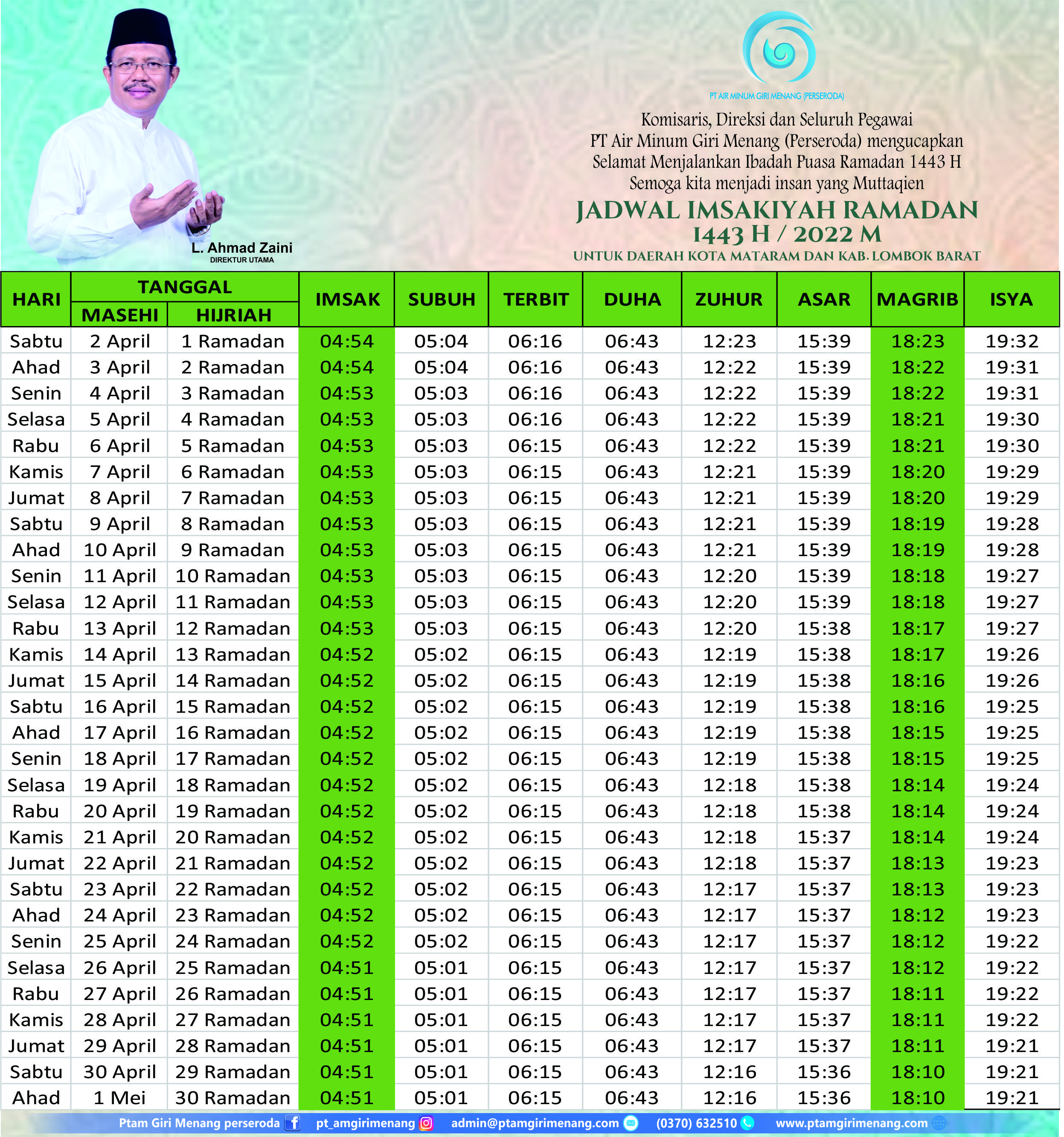 Jadwal Imsakiyah Ramadhan 1443 H / 2022 M Untuk Daerah Kota Mataram dan Kab. Lombok Barat.