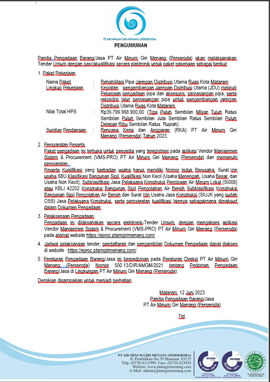 PENGUMUMAN PANITIA PENGADAAN BARANG DAN JASA PT AIR MINUM GIRI MENANG (PERSERODA)