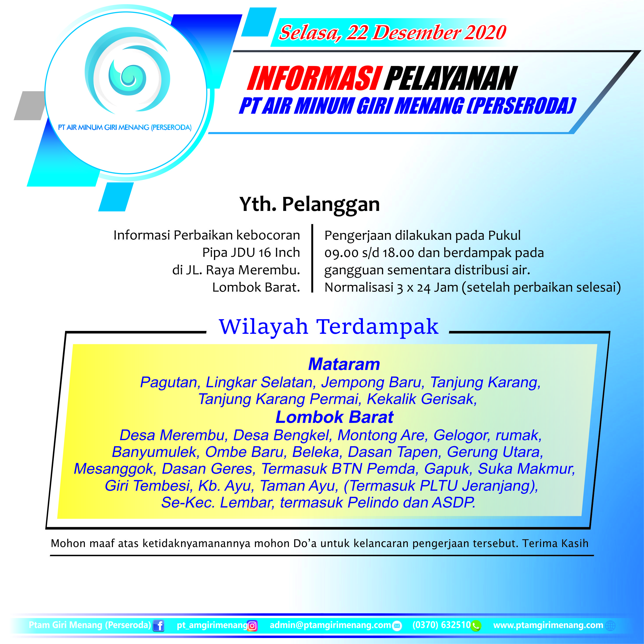 Informasi Gangguan Pelayanan PT Air Minum Giri Menang