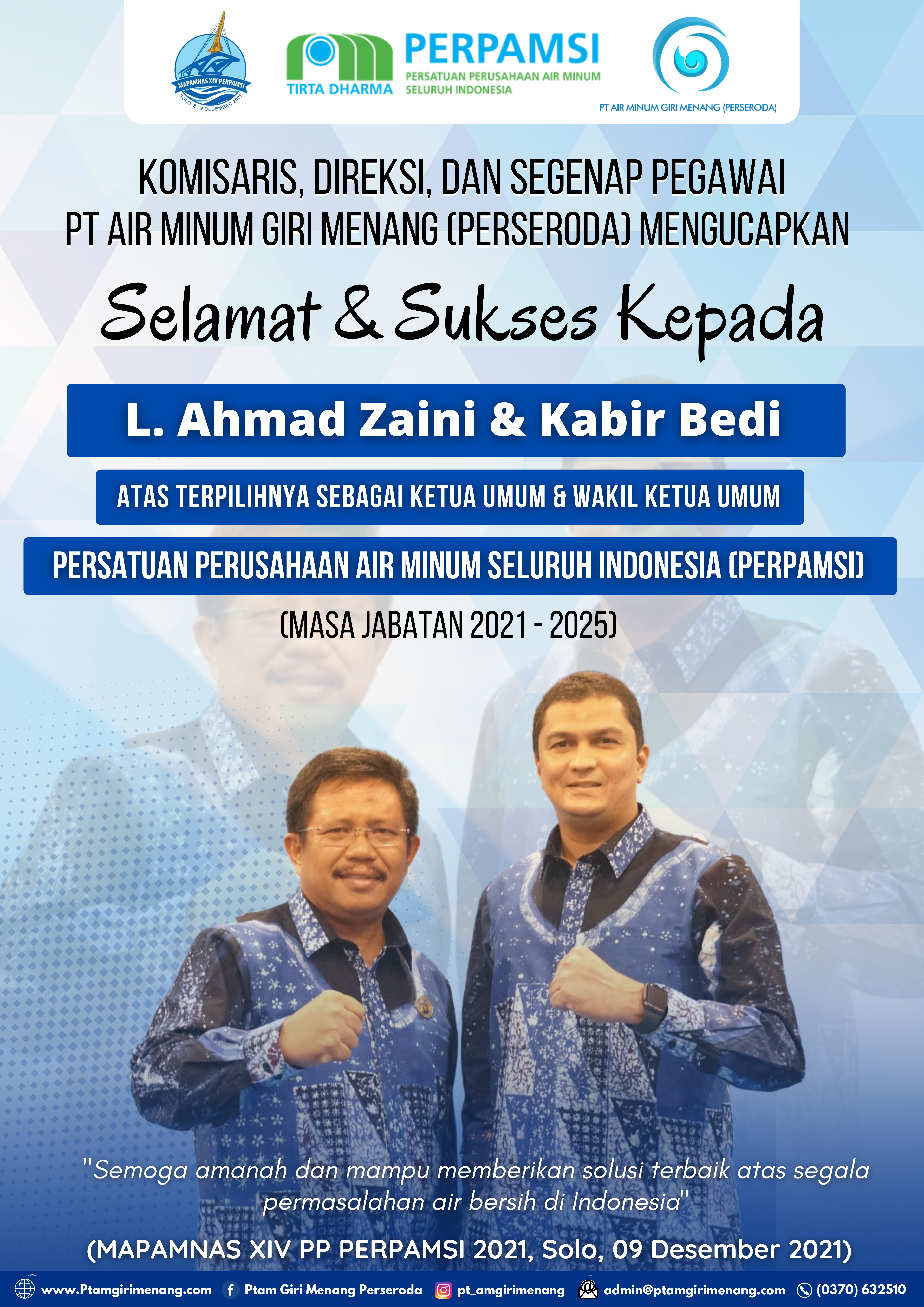 MAPAMNAS ke-XIV, L. AHMAD ZAINI TERPILIH SEBAGAI KETUA UMUM PERSATUAN PERUSAHAAN AIR MINUM SELURUH INDONESIA