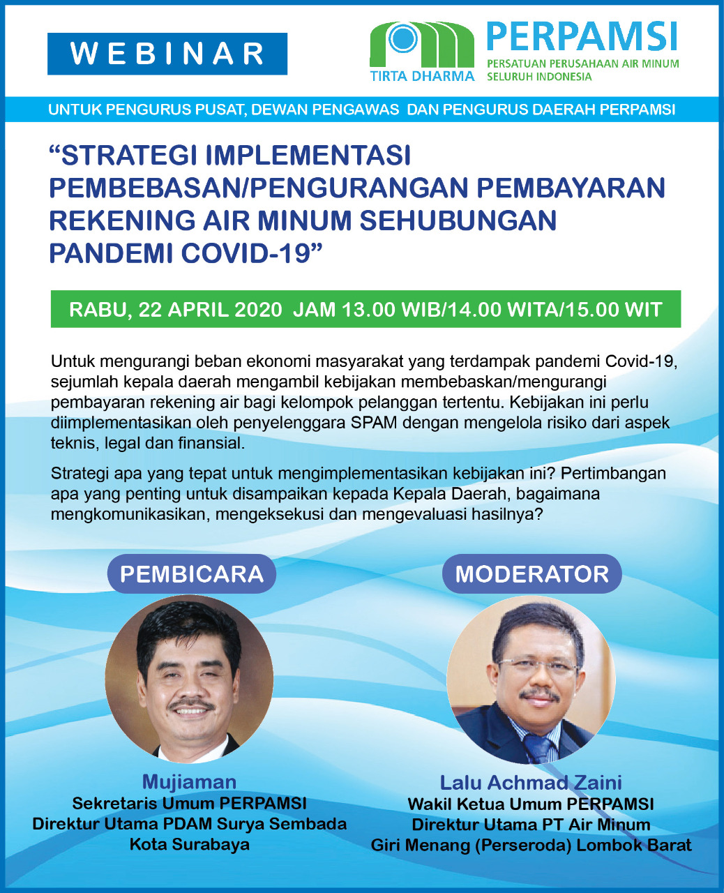 PERPAMSI Gelar Seminar Online Terkait Strategi Keringanan Pembayaran Rekening Air Minum