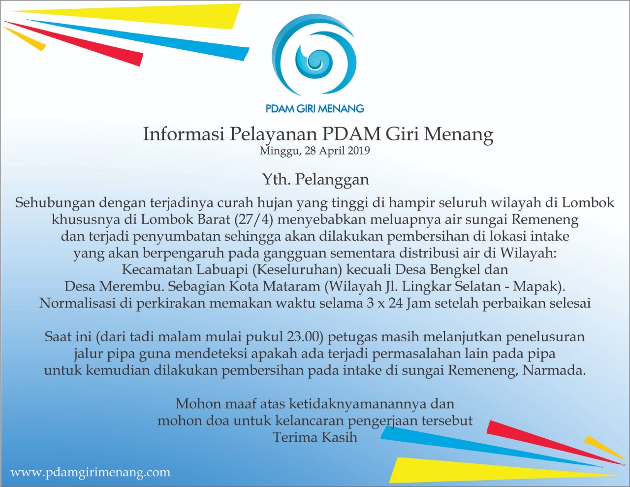 Informasi Pelayanan PDAM Giri Menang