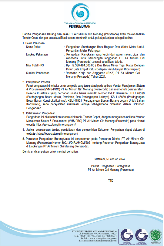PENGUMUMAN PANITIA PENGADAAN BARANG DAN JASA PT AIR MINUM GIRI MENANG (PERSERODA)