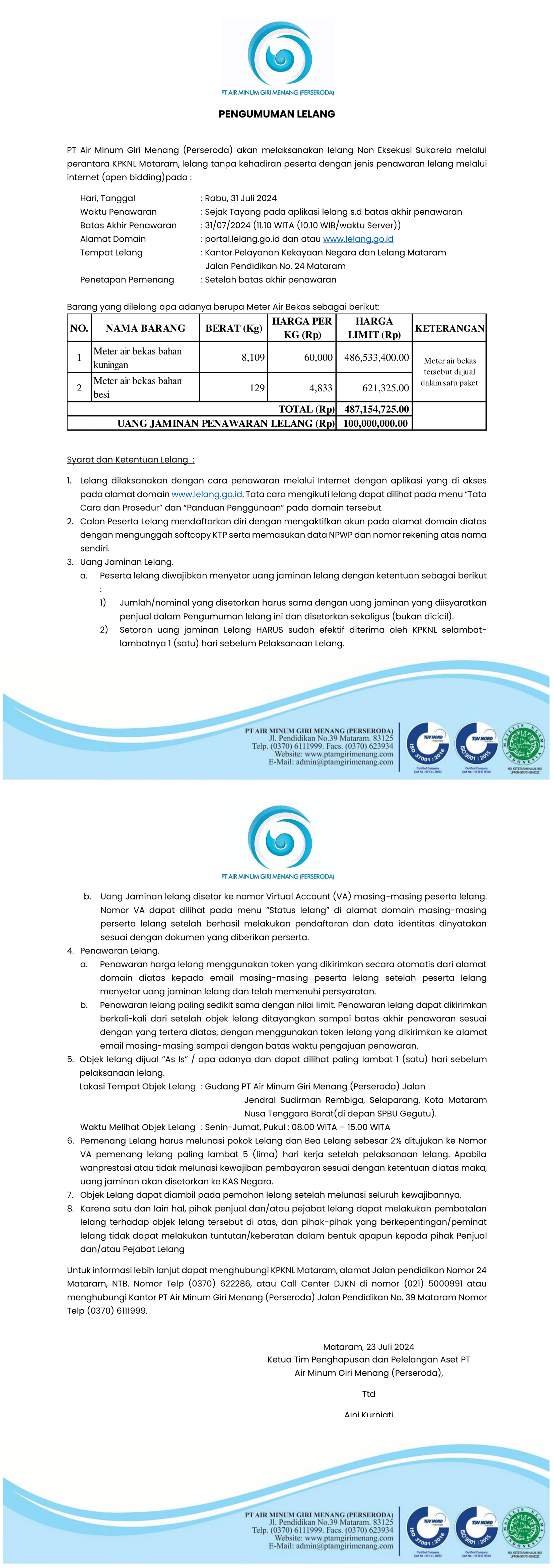 Lelang Meter Air Bekas