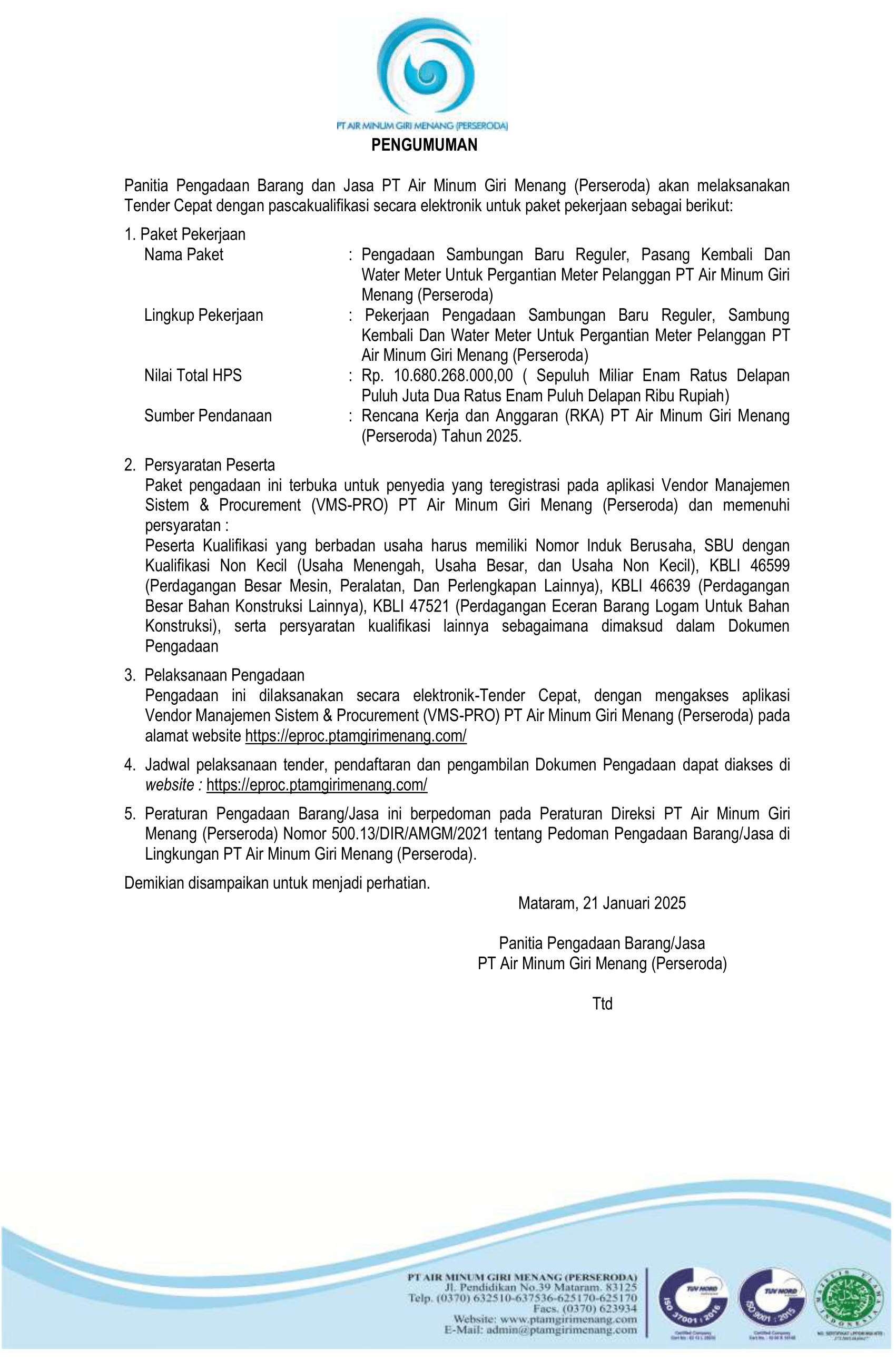 Pengumuman Panitia Pengadaan Barang dan Jasa