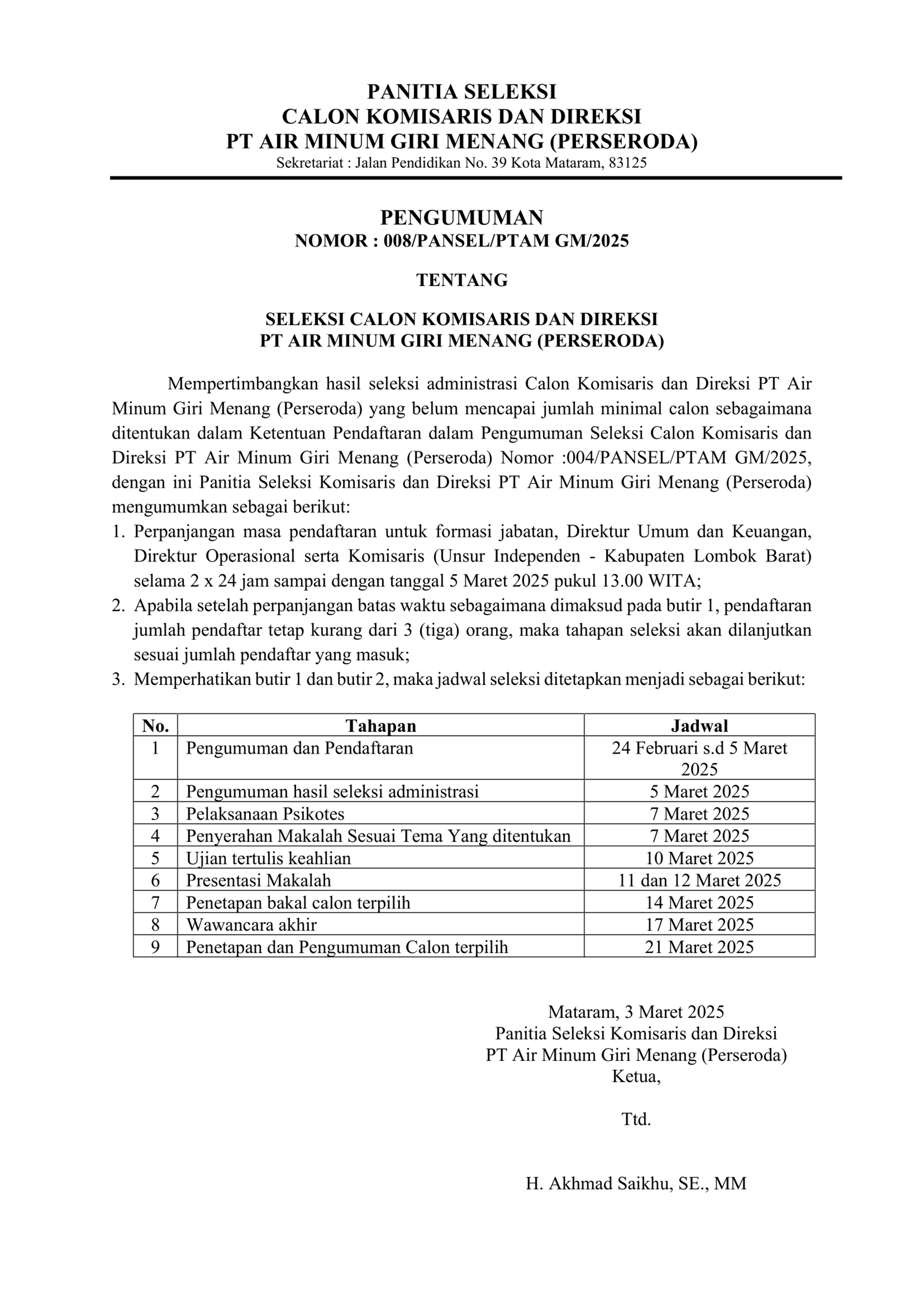 Pengumuman Perpanjangan Seleksi Calon Komisaris Dan Direksi PT Air Minum Giri Menang (Perseroda) 2025