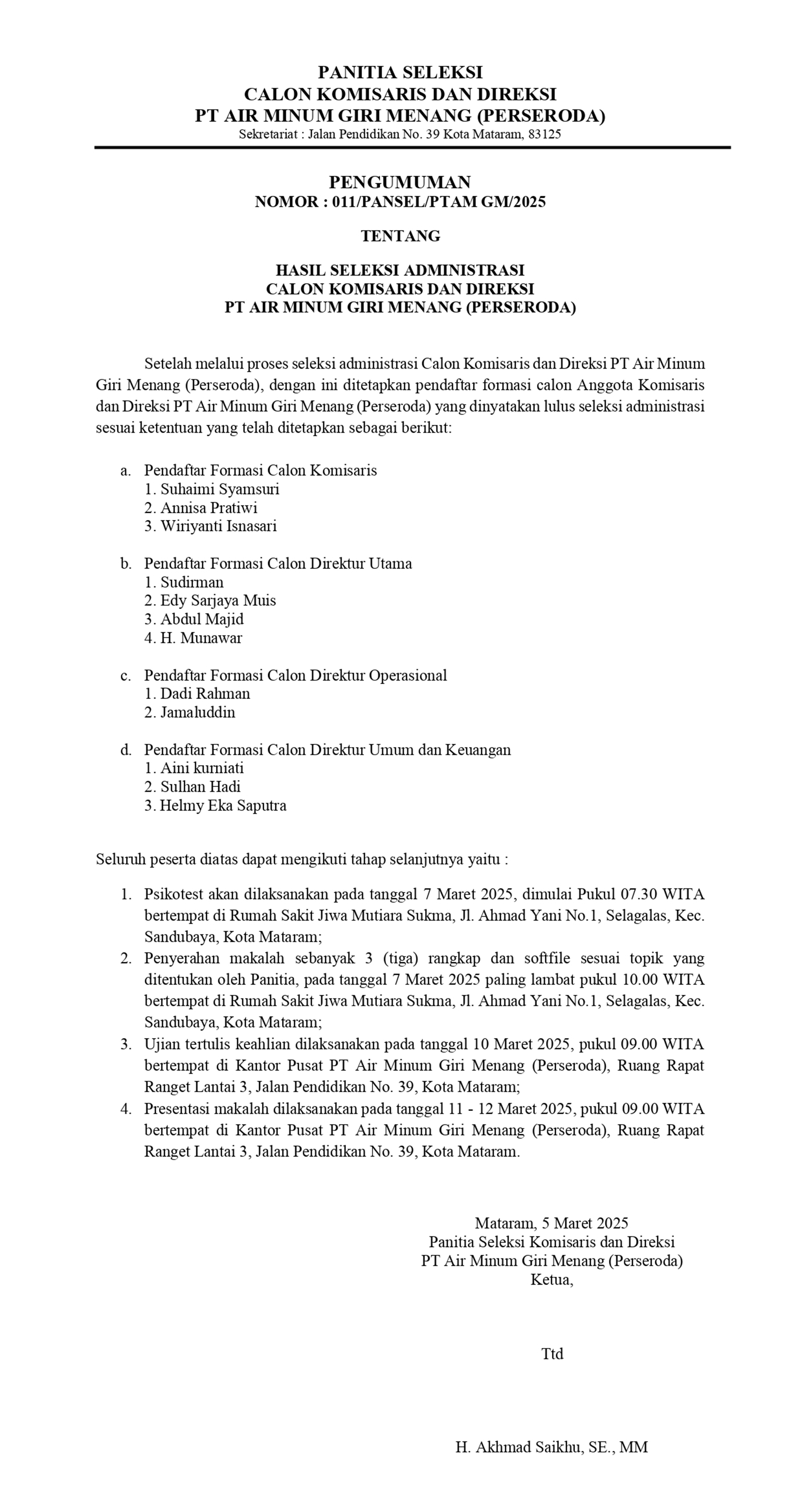 Pengumuman Hasil Seleksi Administrasi Calon Komisaris Dan Direksi PT Air Minum Giri Menang (Perseroda)