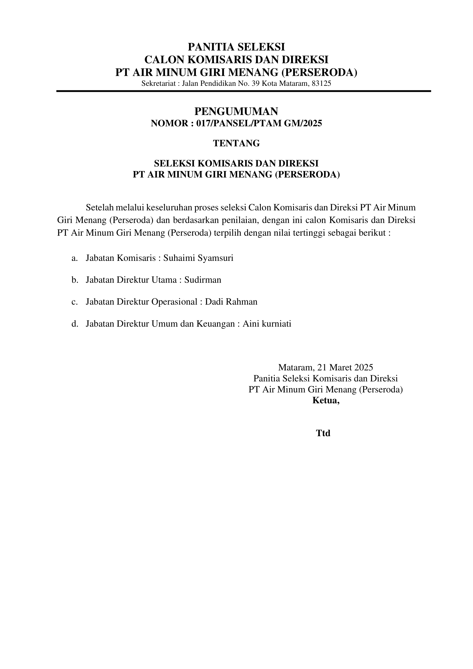 Pengumuman Hasil Seleksi Calon Direksi Dan Komisaris PT Air Minum Giri Menang (Perseroda)