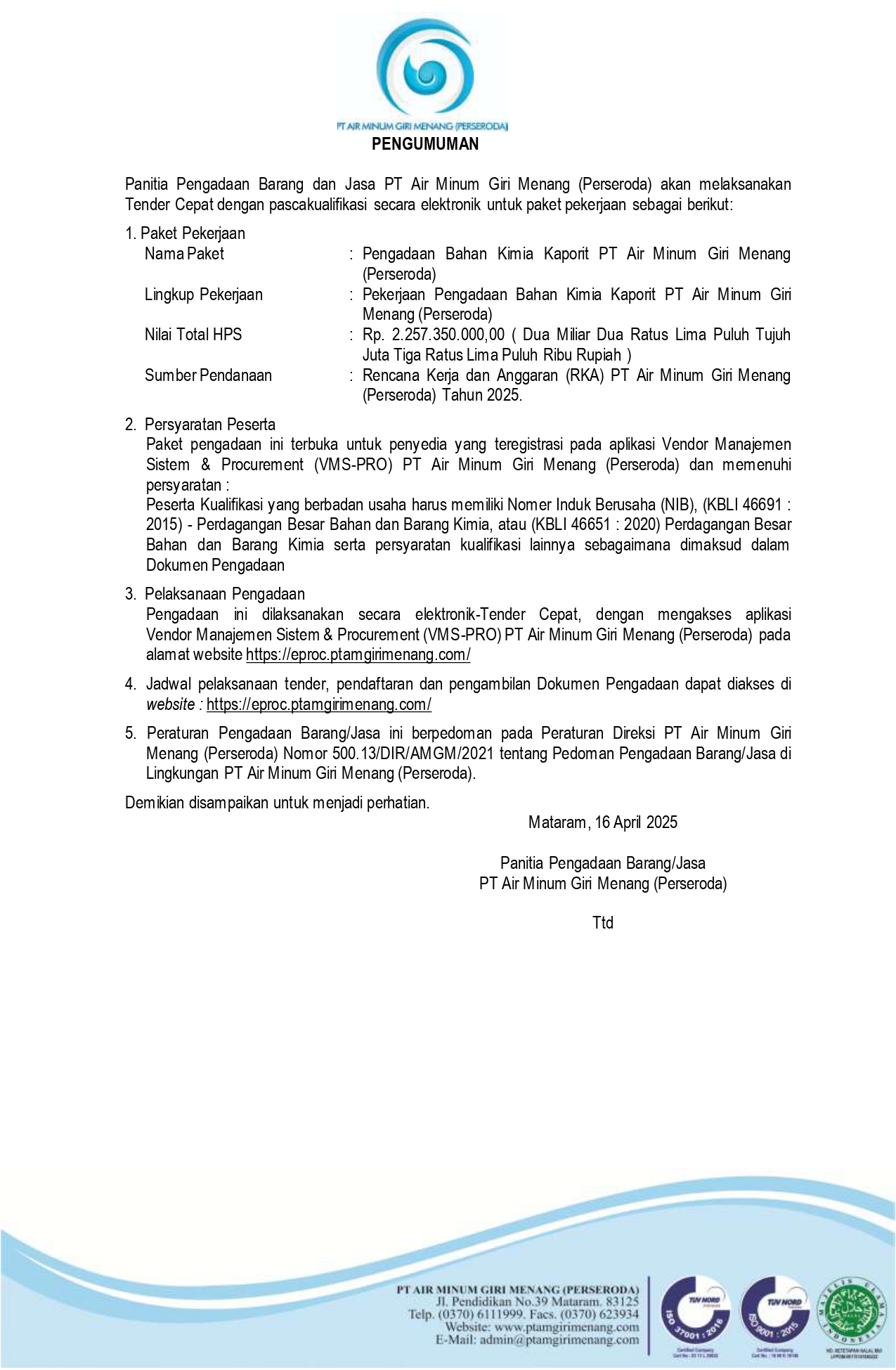 Tender Cepat Pengadaan Bahan Kimia Kaporit PT Air Minum Giri Menang (Perseroda)