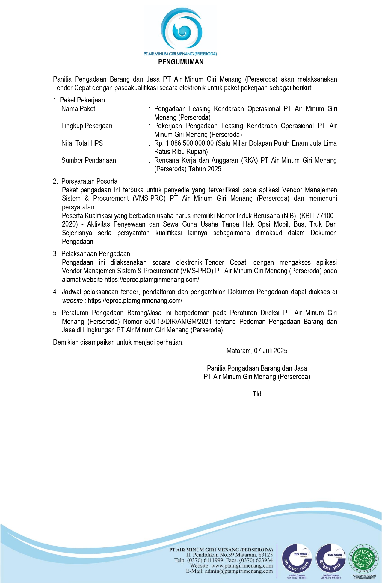 Pengumuman Pengadaan Leasing Kendaraan Operasional PT Air Minum Giri Menang (Perseroda)
