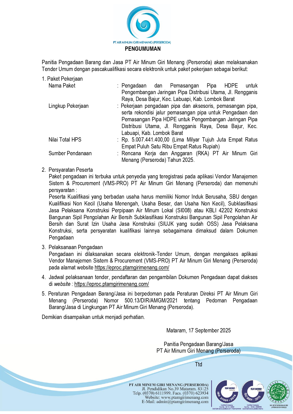 Tender Umum PTAM Giri Menang: Pengadaan dan Pemasangan Pipa HDPE