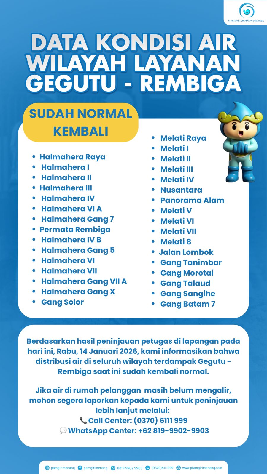 Layanan air wilayah Gegutu - Rembiga kembali normal