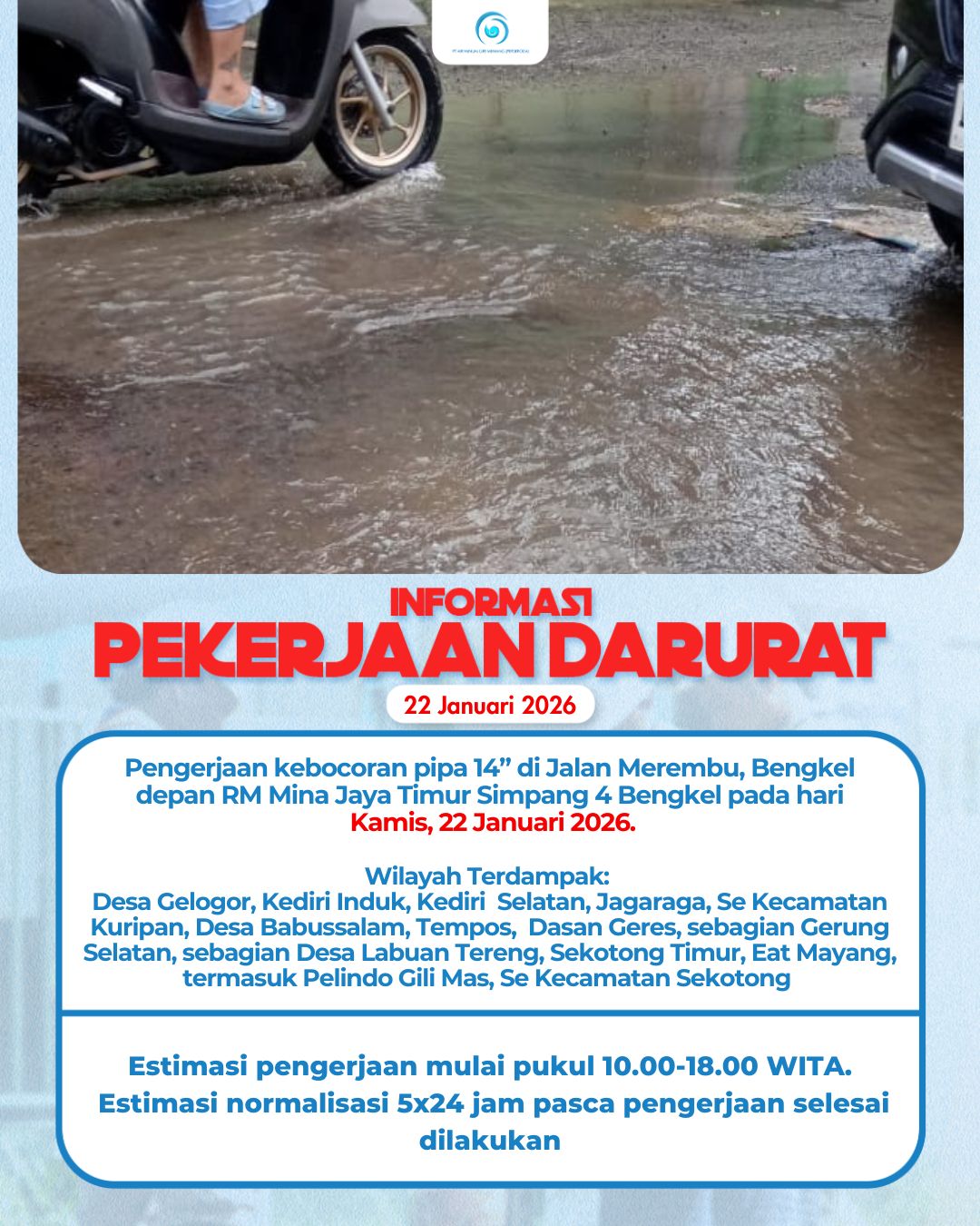 Pengerjaan pipa bocor 14 " di jalan merembu, Bengkel